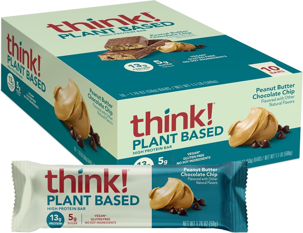 Σκέψου! Vegan/Plant Based High Protein Bars - Τσιπ σοκολάτας φυστικοβούτυρο, 13g πρωτεΐνη, 5g ζάχαρη, χωρίς τεχνητά γλυκαντικά, μη GMO έργο Επαληθευμένο, 10 Count (Packaging May Vary)