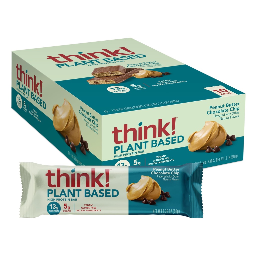 Σκέψου! Vegan/Plant Based High Protein Bars - Τσιπ σοκολάτας φυστικοβούτυρο, 13g πρωτεΐνη, 5g ζάχαρη, χωρίς τεχνητά γλυκαντικά, μη GMO έργο Επαληθευμένο, 10 Count (Packaging May Vary)