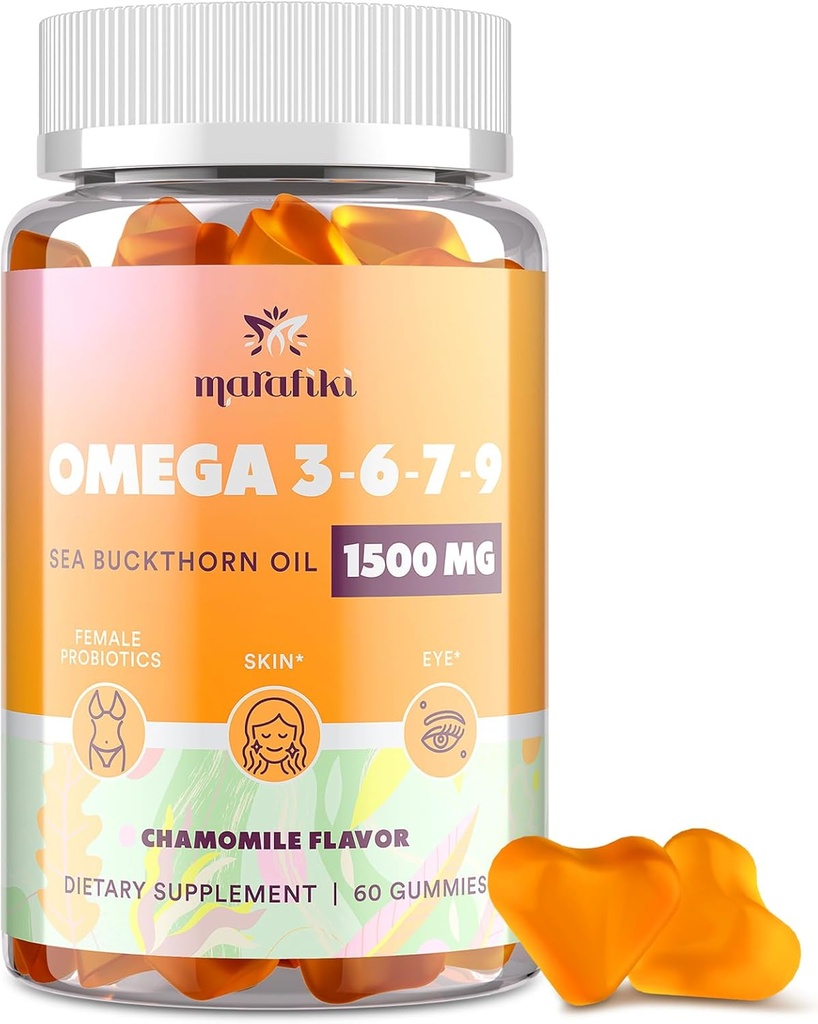 Omega 3 6 7 9 Gummies for Women - Omega 3 Supplement with Sea Buckthorn Oil, Flaxseed Oil, Vitamins E, A & Probiotics - Skin, Eye & Dryness, Chamomile Flavor - 60 Gummies