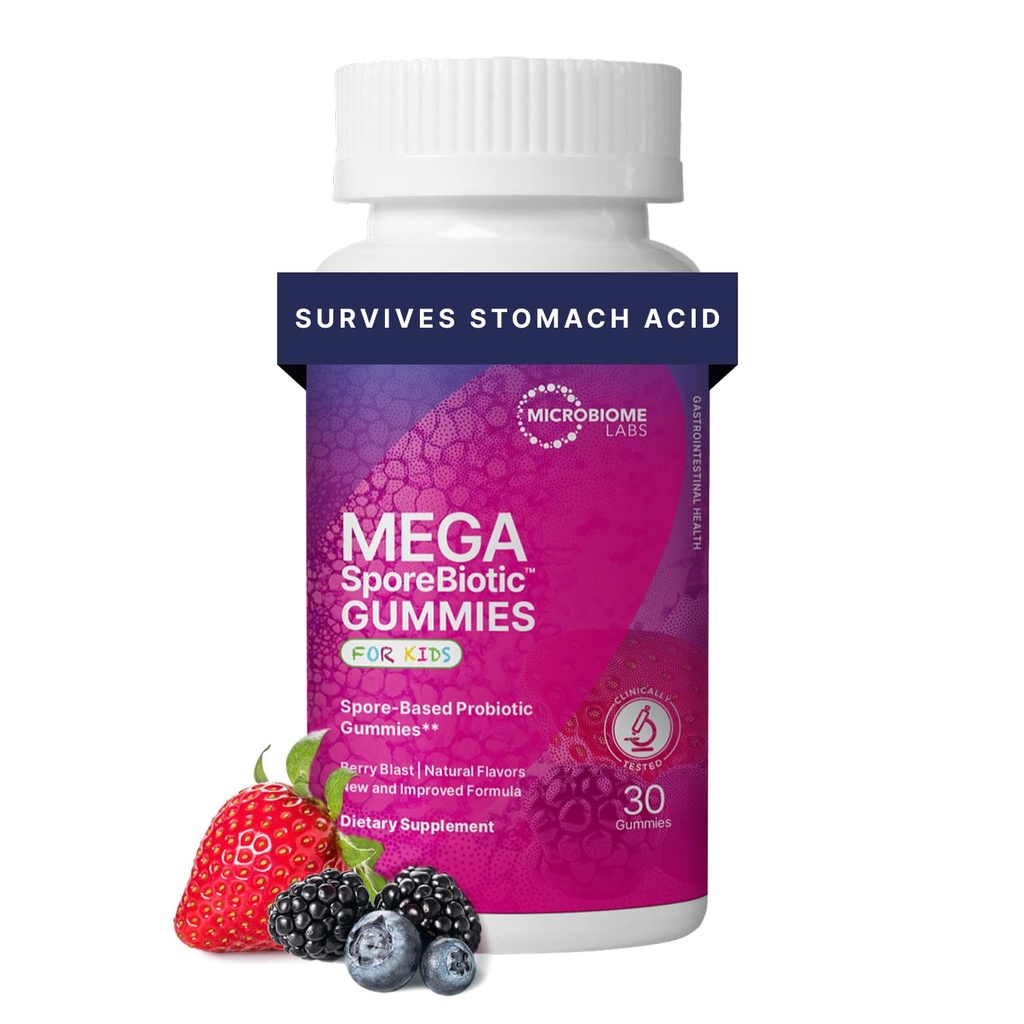 Microbiome Labs MegaSporeBiotic Kids Probiotic - Προβιοτικά με βάση το σπόρο για παιδιά - Υποστηρίζει την υγεία και την ανοσία των ούλων με Bacillus Probiotic Blend - Berry Flavored (30 Gummies)