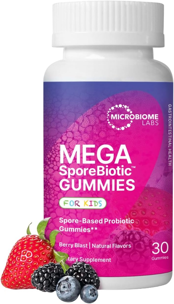 Microbiome Labs MegaSporeBiotic Kids Probiotic - Προβιοτικά με βάση το σπόρο για παιδιά - Υποστηρίζει την υγεία και την ανοσία των ούλων με Bacillus Probiotic Blend - Berry Flavored (30 Gummies)