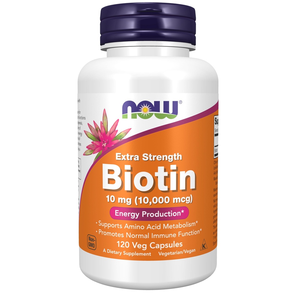 NOW Συμπληρώματα Τροφίμων, Biotin 10 mg (10.000 mcg), Extra Strength, Energy Production*, 120 Veg Κάψουλες