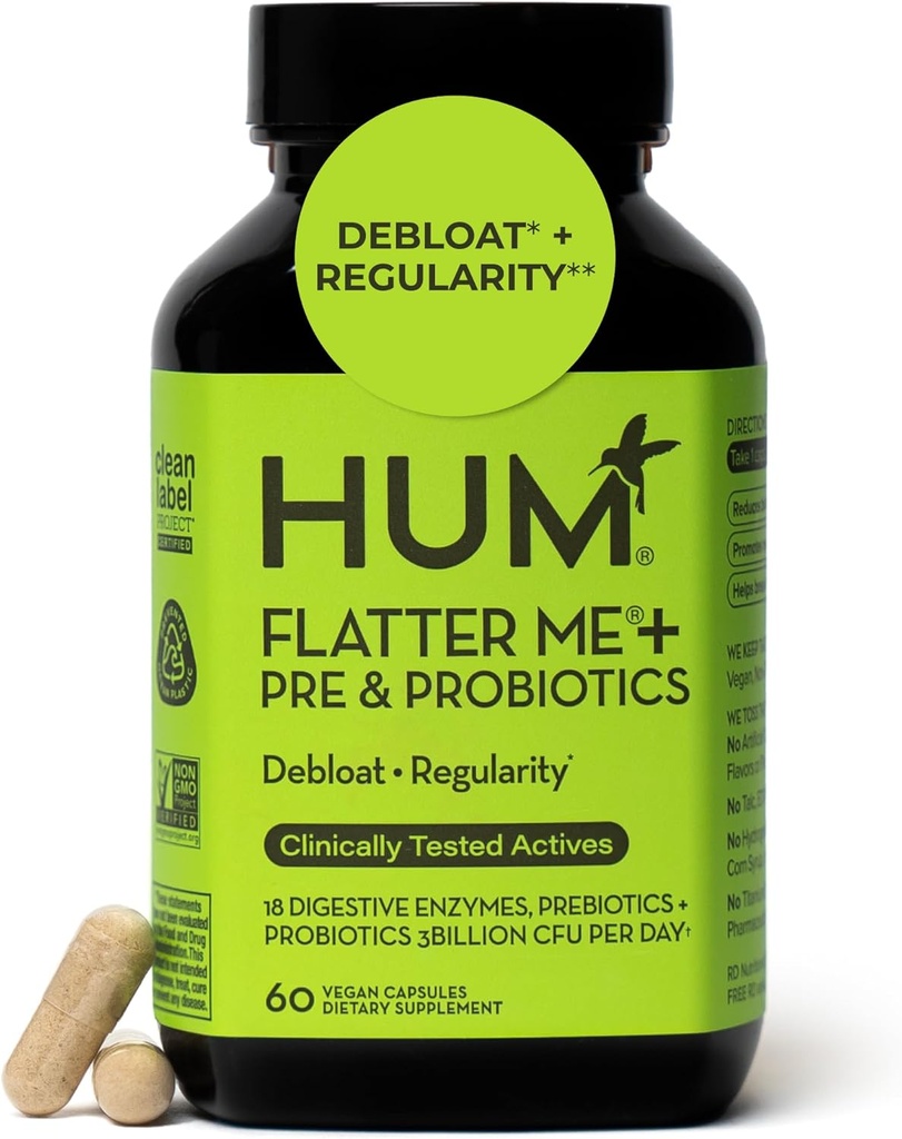 HUM Flatter Me Digestive Enzymes Plus Prebiotics & Probiotics, Digestive Health Bloating Supplement for Women & Men, Fast Acting Anti Bloat Pills Multi Enzyme for Debloating, Vegan, 60 Κάψουλες