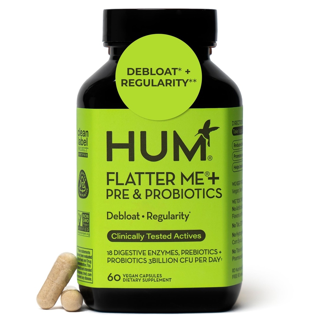 HUM Flatter Me Digestive Enzymes Plus Prebiotics & Probiotics, Digestive Health Bloating Supplement for Women & Men, Fast Acting Anti Bloat Pills Multi Enzyme for Debloating, Vegan, 60 Κάψουλες
