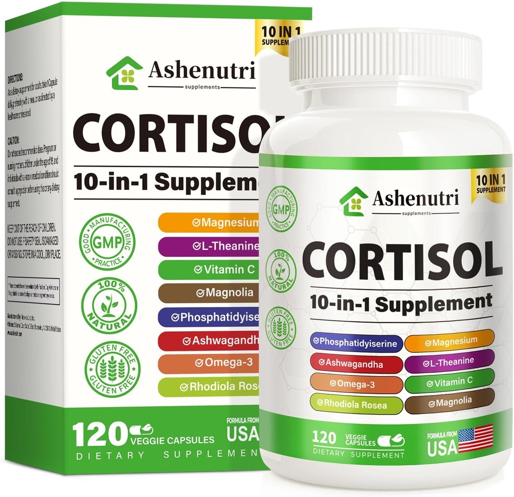 10-σε-1 Cortisol συμπλήρωμα με μαγνήσιο, Ashwagandha, Rhodiola Rosea, L Theanine, Hormone Ισορροπία για τις γυναίκες 120 Vegan Κάψουλες