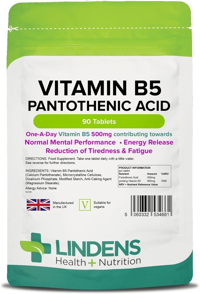 Lindens Vitamin B-5 B5 100 x 460mg Tablets (Pantothenic Acid)
