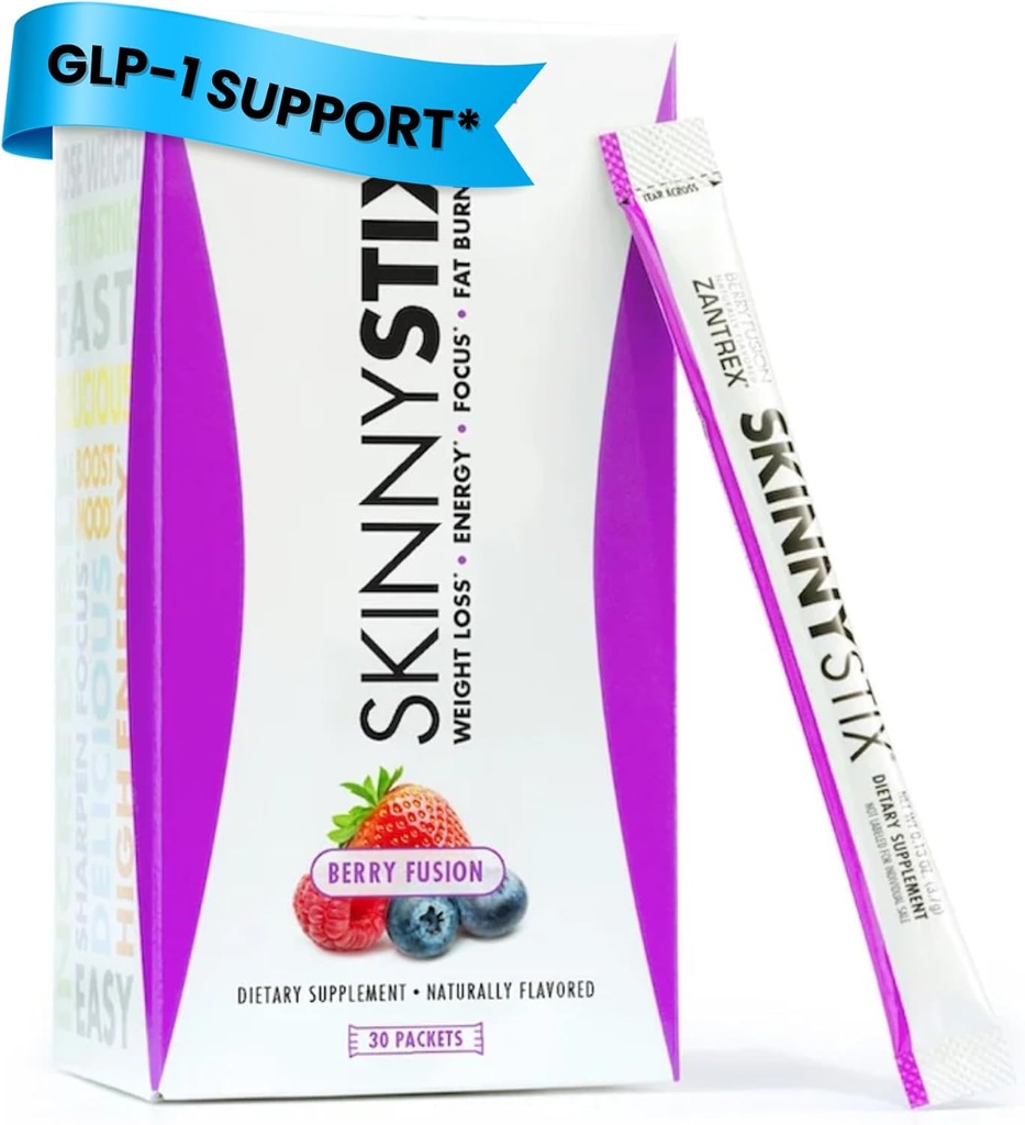 Zantrex SkinnyStix Energy Powder – Lose Weight, GLP-1, Appetite Suppressant, Boost Mood – 10 Calories – Yerba Mate, Coffee Bean – 30 Stix, Berry