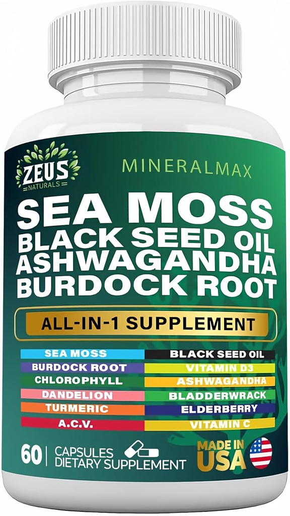 Sea Moss 3000mg Black Seed Oil 2000mg Burdock Root 1000mg Bladderwrack 1000mg Turmeric 1000mg Ashwagandha 1000mg - Elderberry, VIT C, VIT D3, Manuka, ACV (60 Count)
