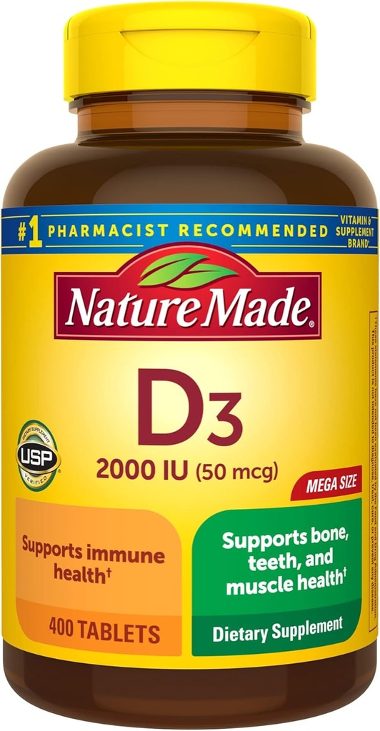 Nature Made Vitamin D3 2000 IU (50 mcg), Vitamin D συμπλήρωμα για οστά, δόντια, μύες και ανοσοποιητική υποστήριξη υγείας, 400 δισκία, 400 Ημέρα προσφοράς