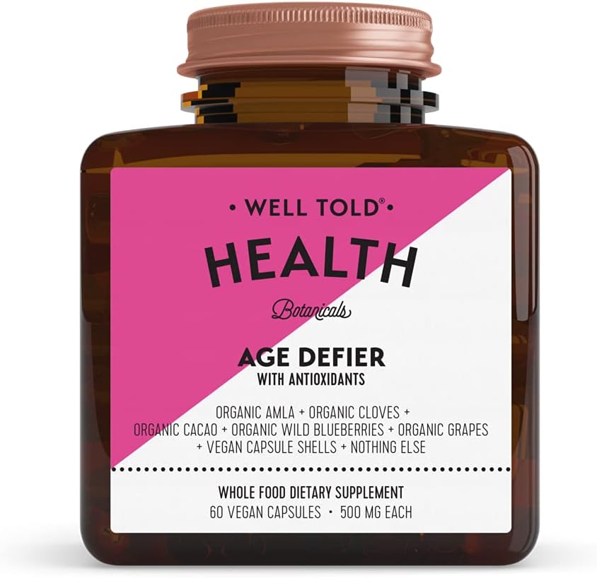 Well Told Anti-Aging Skin Support Supplement Health Age Defier with Organic Amla, Cacao, and Resveratrol from Organic Grapes - Non-GMO + Vegan (60 Capsules)