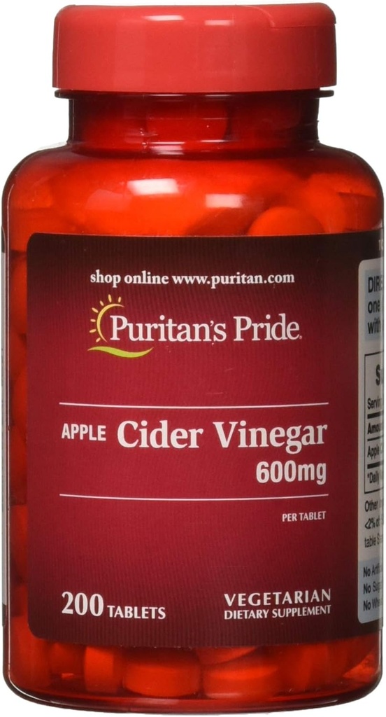 Puritan's Pride Apple Cider Vinegar 600 mg, χορτοφαγικό συμπλήρωμα διατροφής, 6 Μήνες προσφοράς, 200 δισκία (Packing May Vary)