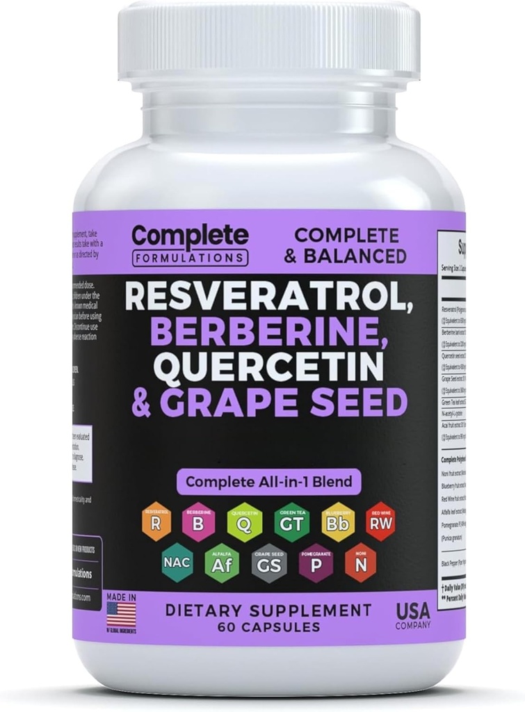 Συμπλήρωμα ρεσβερατρόλης με Quercetin, Berberine, εκχύλισμα σπόρων σταφυλιών & μείγμα πολυφαινόλης για την υγεία του δέρματος, ανοσοποιητική υποστήριξη & αντιοξειδωτική ενίσχυση