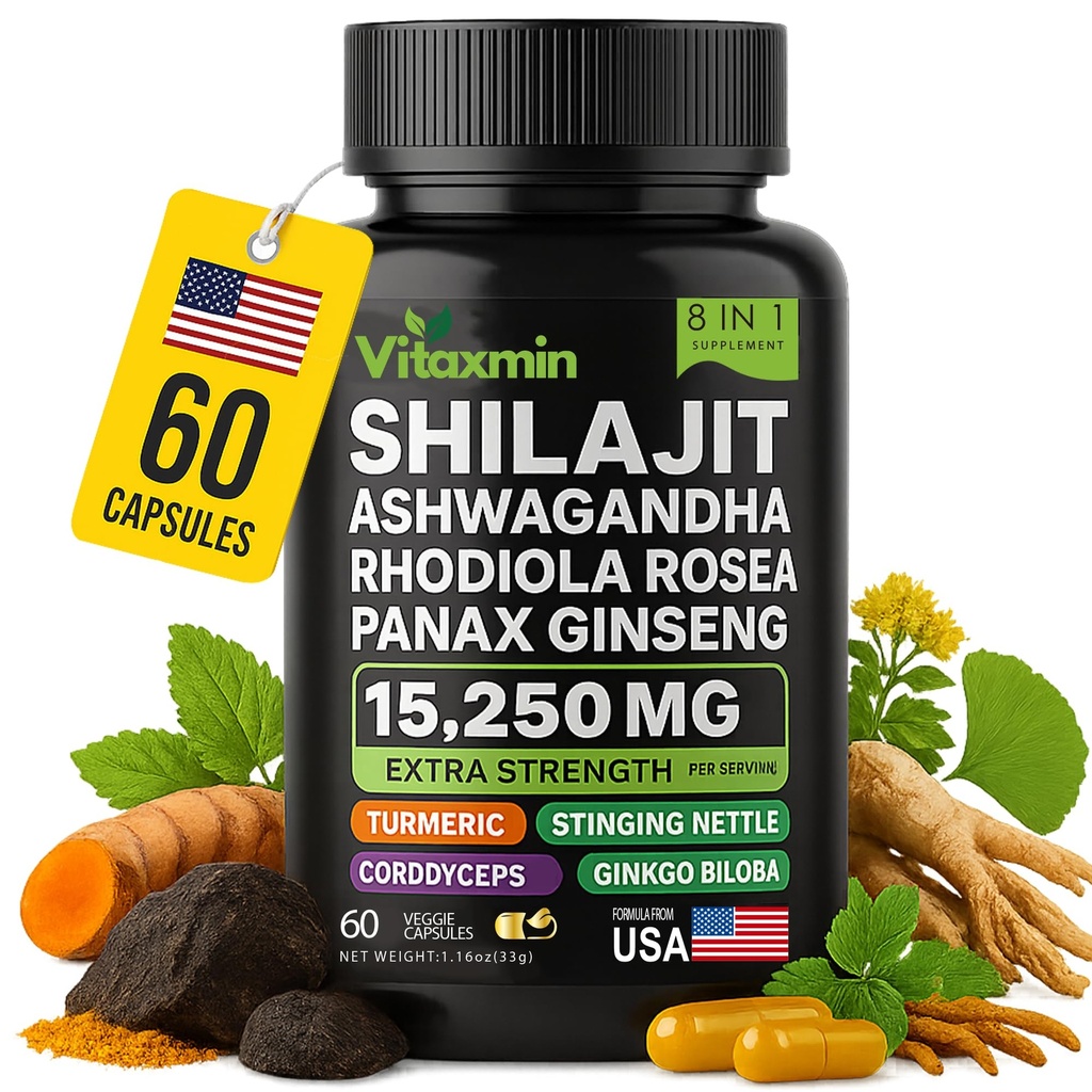 Shilajit και Ashwagandha κάψουλες, 8-σε-1 Βότανο πολυβιταμίνη για άνδρες και γυναίκες, με Rhodiola Rosea, Ginseng, και Stinging Nettle, Shilajit για άνδρες και γυναίκες