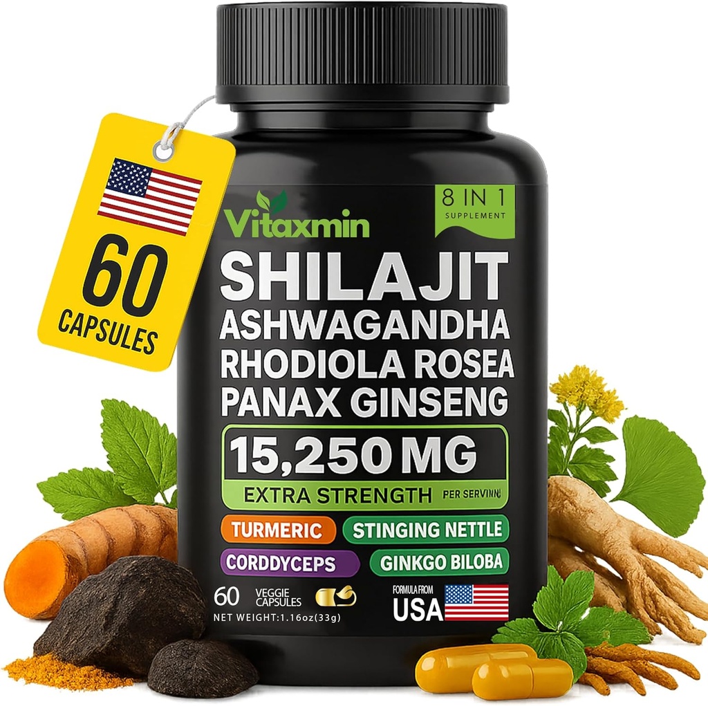 Shilajit και Ashwagandha κάψουλες, 8-σε-1 Βότανο πολυβιταμίνη για άνδρες και γυναίκες, με Rhodiola Rosea, Ginseng, και Stinging Nettle, Shilajit για άνδρες και γυναίκες