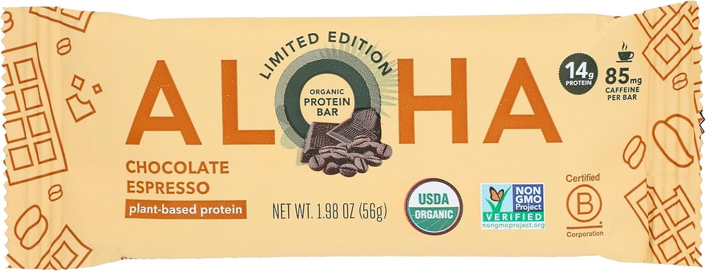 Aloha Organic Chocolate Espresso Protein Bars, 14g Plant-based Protein, 85mg Caffeine, USDA Certified Organic, Gluten Free & Non-GMO, 1.98 Oz (Pack of 12)