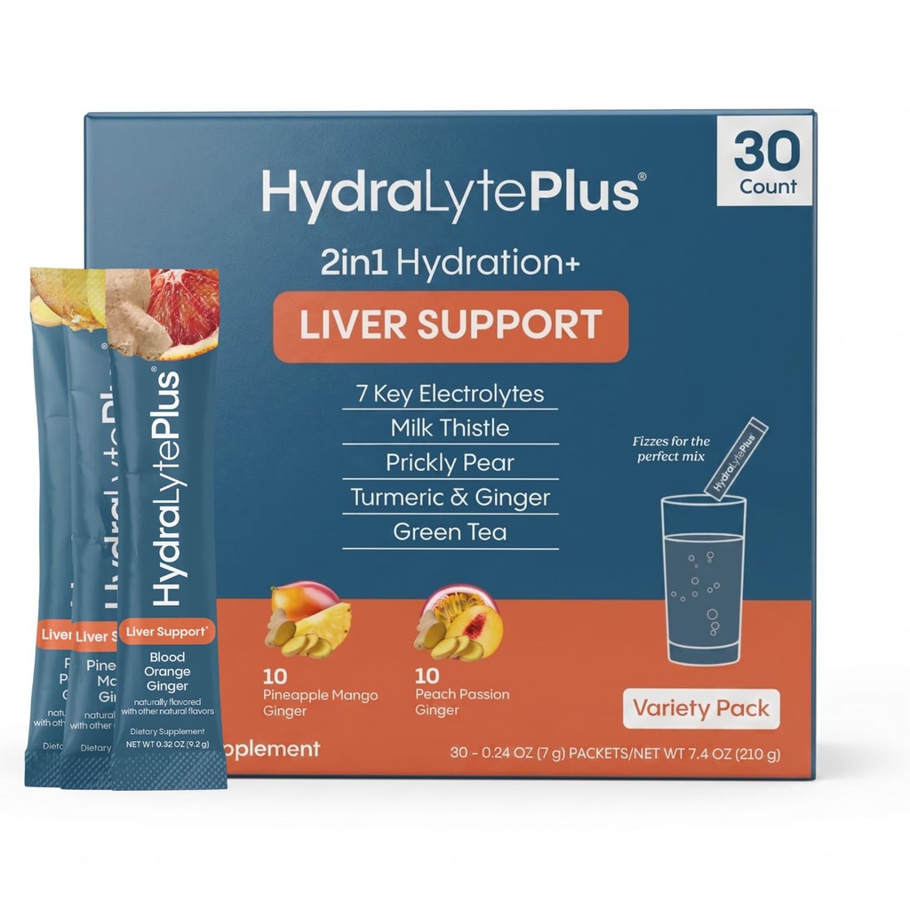 Hydralyte Plus Liver Support Hydration Packets - 7 Electrolytes with Milk Thistle, Turmeric and Ginger - Liquid Daily IV Electrolyte Powder Packets - 30 Count, Variety Pack