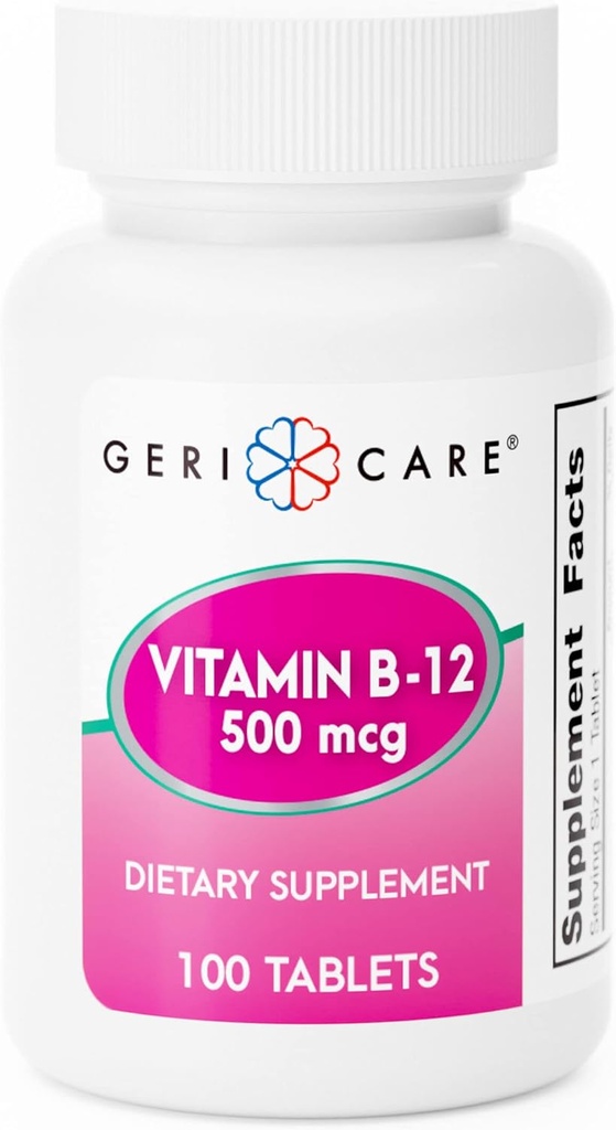 GeriCare Βιταμίνη B-12 500mcg Δισκία – Υποστηρίζει υγιή επίπεδα ενέργειας, εγκεφαλική λειτουργία & Κυκλοφορική υγεία – Εμπιστευμένο συμπλήρωμα για την καθημερινή ευεξία – 100 Μέτρα