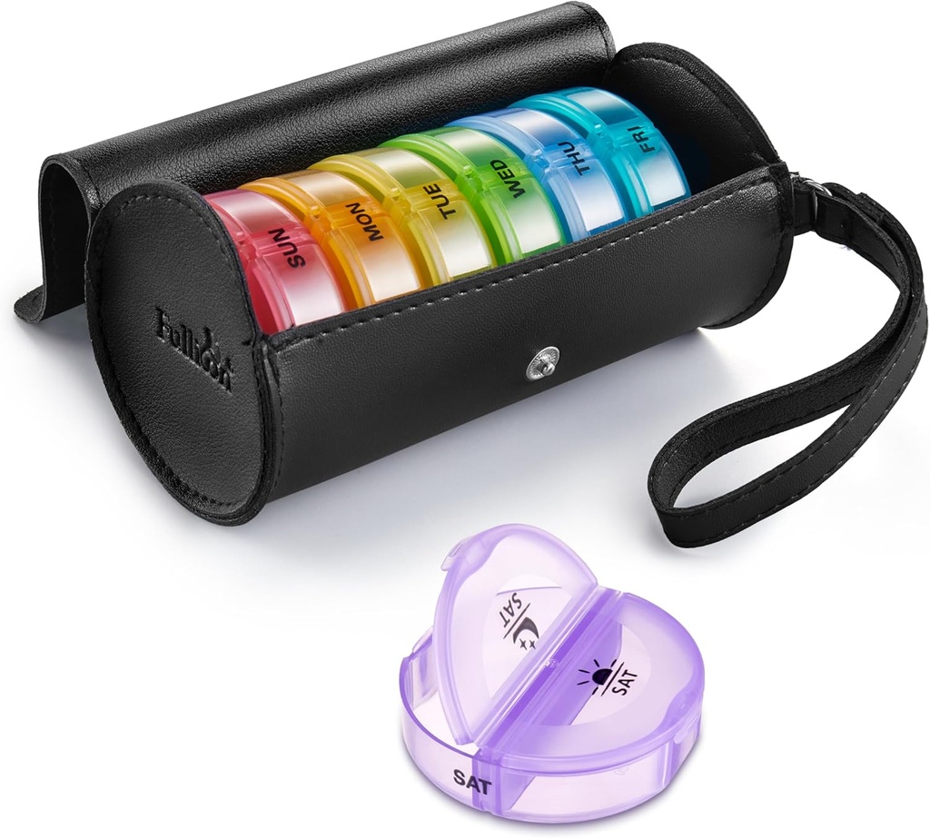 Fullicon PU υπόθεση Weekly Pill Box Διοργανωτής 2 φορές A Day, Travel 7 Day Pill Boxes, Φορητό Tablet Διοργανωτής με μεγάλα διαμερίσματα για την ιατρική, φαρμακευτική αγωγή, βιταμίνη, συμπληρώματα (Μαύρο/Ουράνιο τόξο)