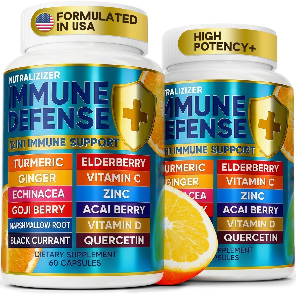 12 in 1 Immune Support Supplement - Immune Defense Vitamins w/Elderberry, Vitamin D3, С, Zinс, Echinacea, Ginger - Natural Immunity System Booster - Immune & Muscle Health 120 Caps