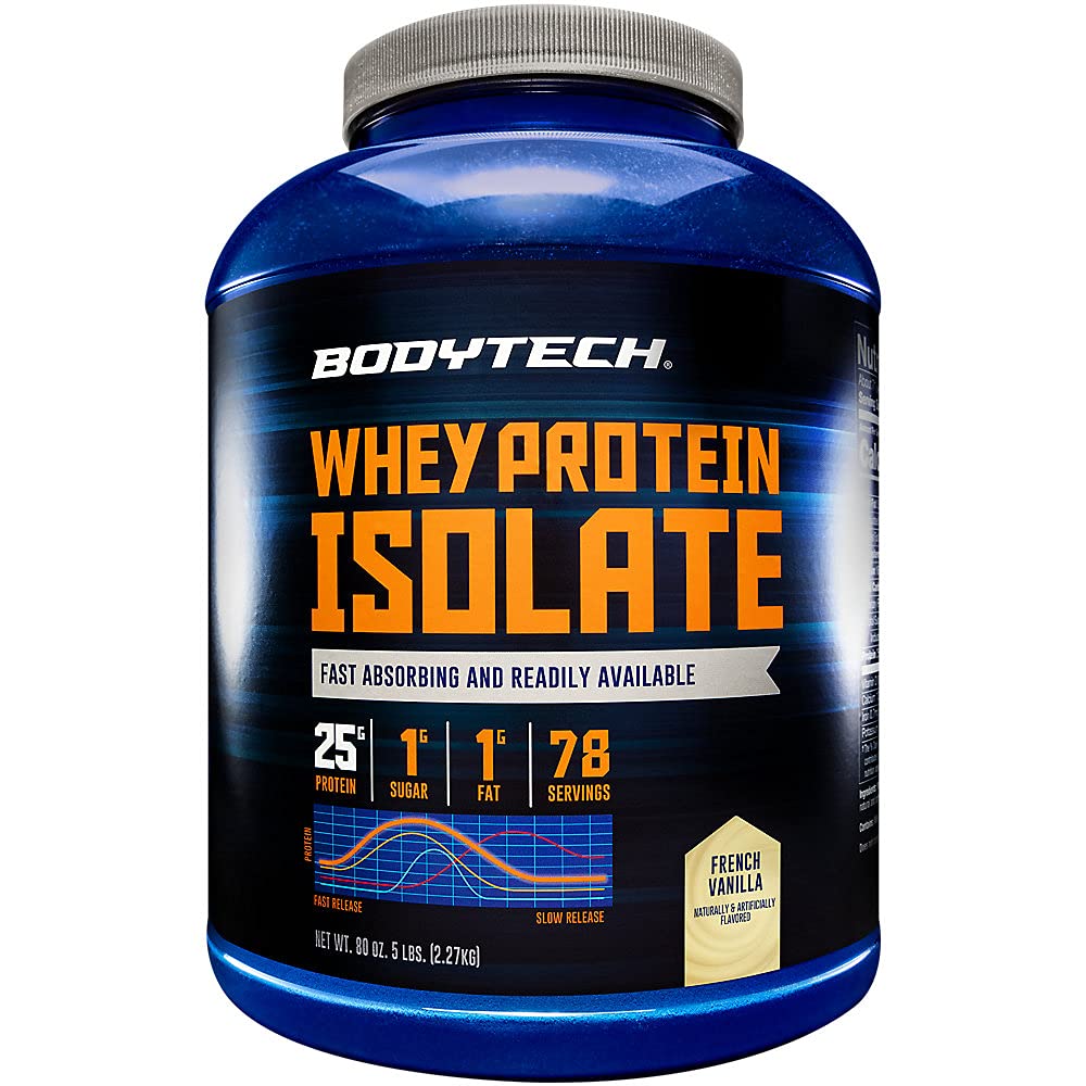 BodyTech Whey Protein Isolate Powder, French Vanilla Flavor, 25g Protein per Serving, High Concentrated Protein Powder with Amino Acids & BCAAs for Men and Women, Gluten Free, 5 lbs, 78 Servings