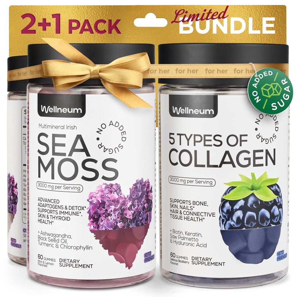Collagen and Sea Moss Gummies Bundle - Collagen Peptides, Irish Sea Moss, Biotin, Keratin, Bladderwrack - Gummy Supplement for Immunity, Detox, Healthy Hair, Skin and Nails - for Men and Women