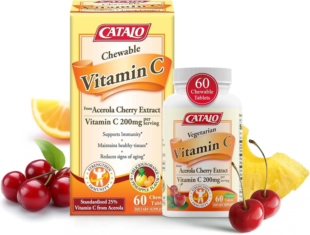 CATALO Vitamin C Formula - Acerola Cherry Extract, 200mg Βιταμίνη C ανά Σερβίρισμα, Δερματική Αναζωογόνηση, Παραγωγή Κολλαγόνου, Νόστιμο Πορτοκαλί & Ανανά Γεύση, 60 Μασώμενα Δισκία