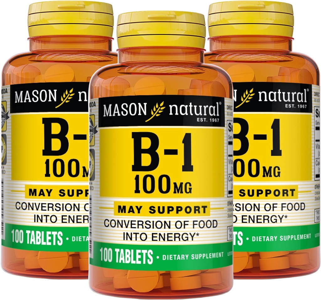 Mason Natural Vitamin B1 (Thiamin) 100 mg, Υγιής μετατροπή των τροφίμων σε ενέργεια, υποστηρίζει τα νεύρα και την ανοσοποιητική υγεία, 100 δισκία (πακέτο των 3)