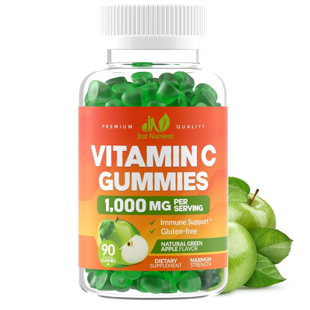 Βιταμίνη C Gummies 1000mg για ενήλικες & παιδιά - Μέγιστη δύναμη Μασώμενη Ανοσοποιητική Υποστήριξη, Υποστήριξη κολλαγόνου - Ξινή Πράσινη Γεύσεις μήλου - Χωρίς γλουτένη, Μη ΓΤΟ, Χορτοφαγικά - 90 Gummies (30 μερίδες)