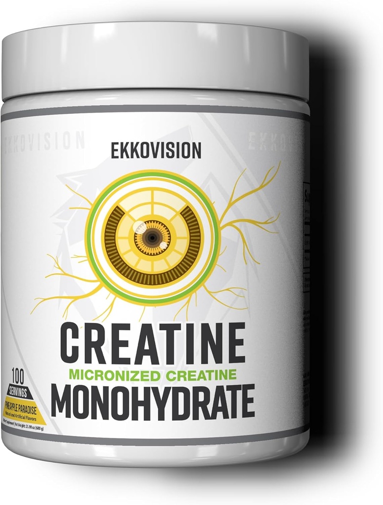 Ekkovision Creatine Monohydrate Powder, Micronized, Pineapple Paradise, Pre Workout & Post συμπλήρωμα προπόνησης για άνδρες και γυναίκες, Energy Support, Easy to Mix in Shakes, Smoothies & Beverages, 100 Srvgs