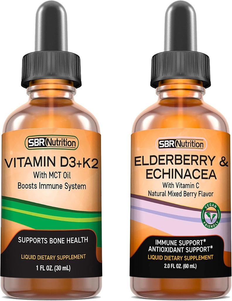 SBR Nutrition D3+K2 and Elderberry Bundle Vitamin D3K2 (MK7) Liquid Drops, Peppermint,1oz 