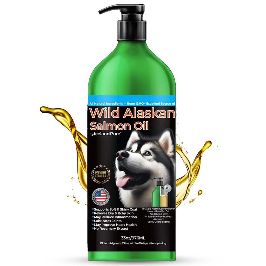 Ισλανδία Pure Wild Salmon Oil Αλάσκας για σκύλους & γάτες, Omega-3 ιχθυέλαιο, υγρό συμπλήρωμα για κατοικίδια ζώα, υποστηρίζει ανοσοποιητικό σύστημα & την υγεία της καρδιάς, 33oz