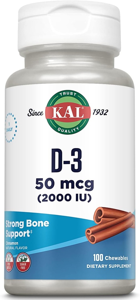 KAL Βιταμίνη D3 Μασώμενα 50 mcg, Βιταμίνη D 2000 IU ως Χοληκαλσιφερόλη, Χωρίς ζάχαρη, Φυσική Κανέλα Γεύση D3 Βιταμίνη, Ανοσολογική Υποστήριξη & Υγεία των Οστών, 100 Μερίδες, 100 Μασώμενα