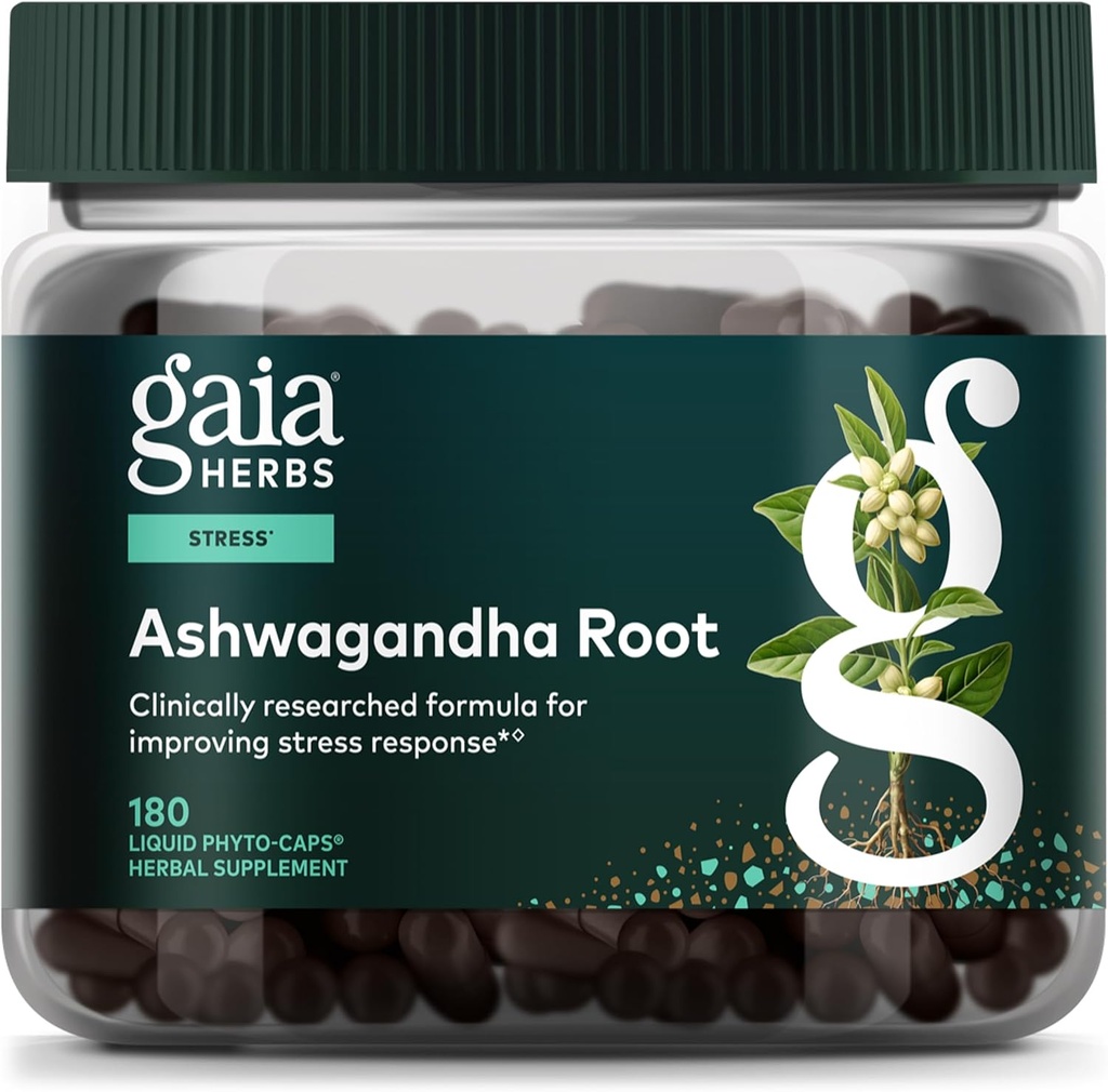 Gaia Herbs Ashwagandha Root - Stress Relief & Sleep Sleep Supplement - Υποστηρίζει Ισορροπημένα Επίπεδα Ενέργειας & Θετικά Outlook* - 180 Vegan Liquid Phyto Caps (90-Day Supply)