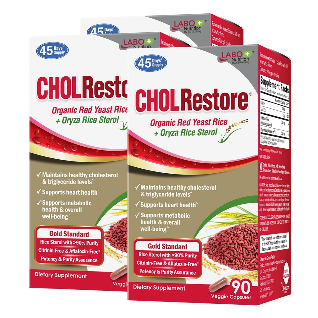 LABO Διατροφή CHOLRestore – Κόκκινο ρύζι ζύμης με Φυτοστερόλη Συμπλήρωμα υγείας, Υποστηρίζει υγιή επίπεδα χοληστερόλης, κιτρινίνη & Αφλατοξίνη Χωρίς, 90 κάψουλες Vege 3x3