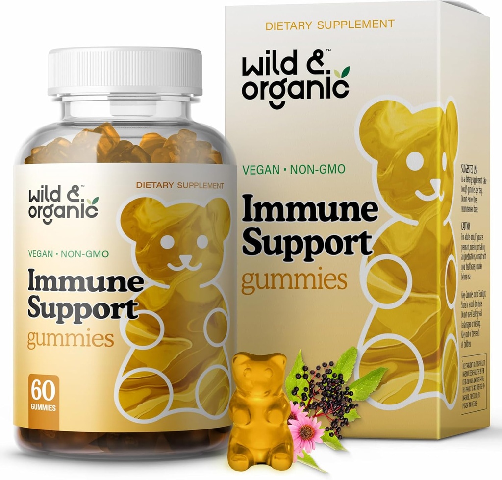 Άγρια & Οργανική Ανοσολογική Υποστήριξη Gummies - Elderberry 1000mg & Βιταμίνη C 500mg - Φυσικό συμπλήρωμα ανοσοποίησης - Vegan Ανοσία Gummies με βιταμίνη C D ψευδάργυρο - 60 κόμης