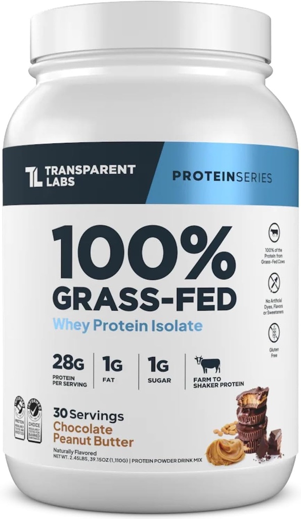 Διαφανές εργαστήριο Grass-Fed Whey Protein Isolate - Φυσικά αρωματισμένη, χωρίς γλουτένη πρωτεΐνη Whey σκόνη με 28g πρωτεΐνης ανά σερβίρισμα & 9 Αμινοξέα - 30 Σερβιέτες, σοκολάτα φυστικοβούτυρο
