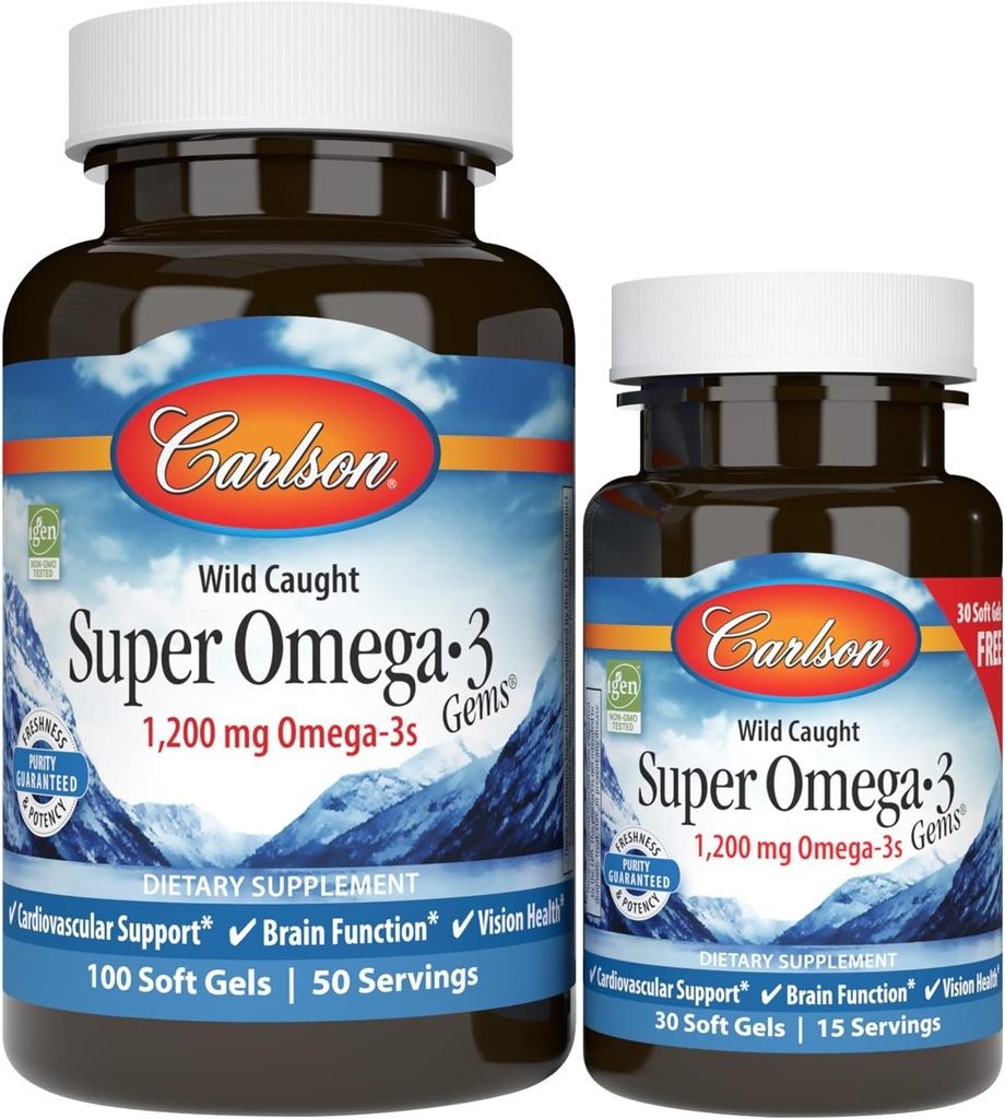 Carlson - Super Omega-3 πολύτιμοι λίθοι, 1200 mg Ωμέγα-3 λιπαρά οξέα με EPA και DHA, Wild-Caught Νορβηγικό ιχθυέλαιο Omega 3 συμπλήρωμα, που προέρχεται Βιώσιμα Ωμέγα 3 ιχθυέλαιο, 100+30 Softgels
