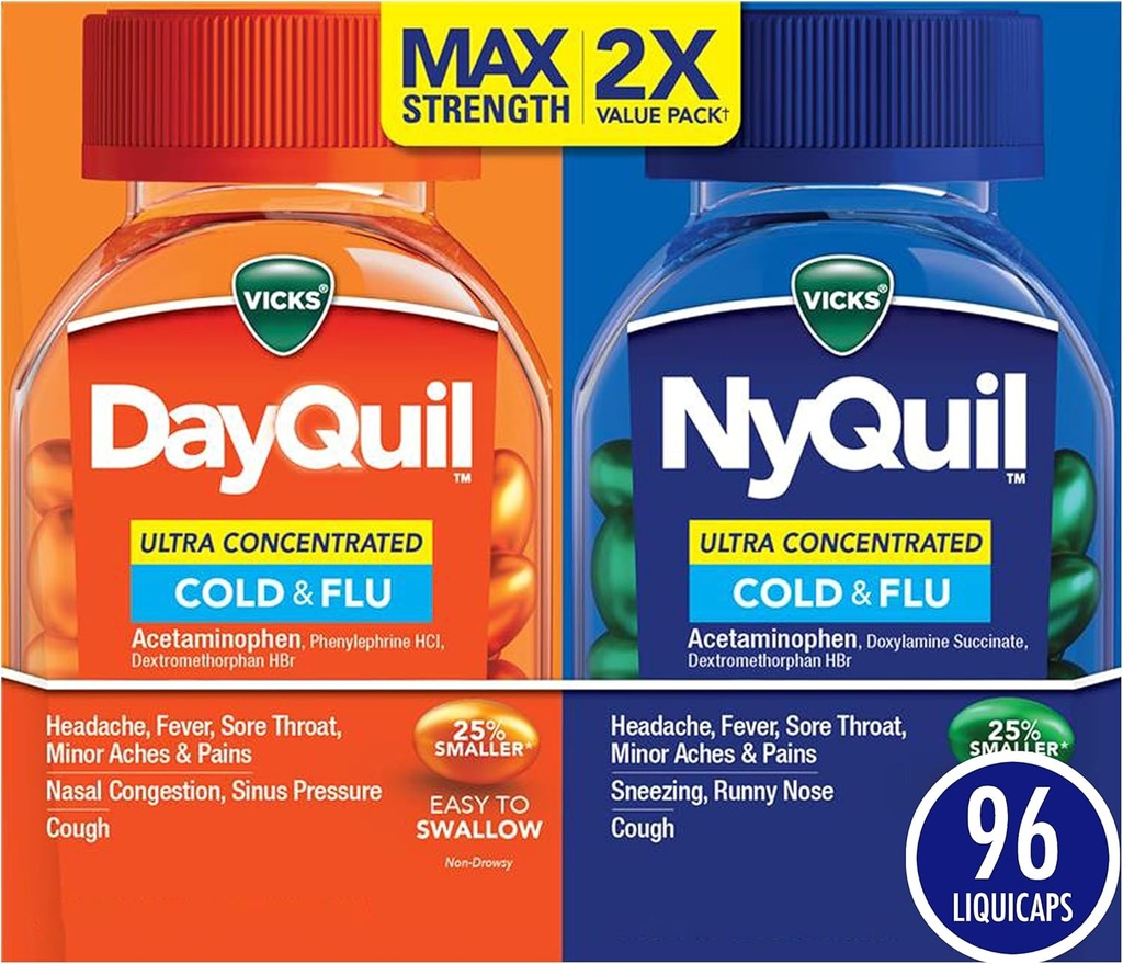 Vicks DayQuil & NyQuil Ultra συμπυκνωμένο Liquicaps Co-Pack, Ψυχρή & Γρίπη Ιατρική, Ισχυρό Multi-Συμπτώματα Μέρα & Νύχτα ανακούφιση για τον πονοκέφαλο, τον πυρετό, το πονόλαιμο, τους μικρούς πόνους & πόνους, & βήχα, 96ct