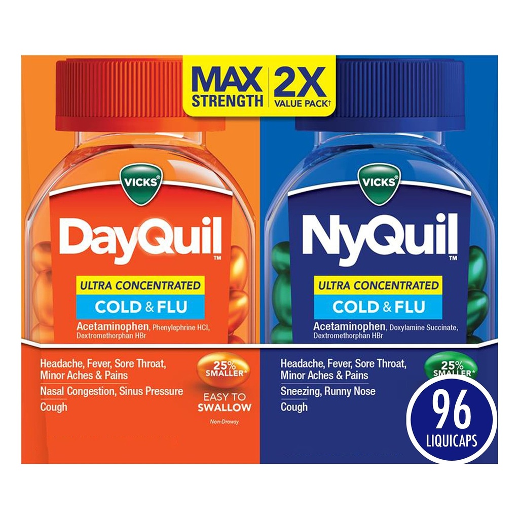 Vicks DayQuil & NyQuil Ultra συμπυκνωμένο Liquicaps Co-Pack, Ψυχρή & Γρίπη Ιατρική, Ισχυρό Multi-Συμπτώματα Μέρα & Νύχτα ανακούφιση για τον πονοκέφαλο, τον πυρετό, το πονόλαιμο, τους μικρούς πόνους & πόνους, & βήχα, 96ct