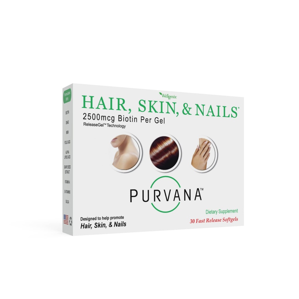 Wellgenix Purvana Hair Skin and Nails Supplement – 2500mcg Biotin Softgels with MSM & B-Complex – Daily Beauty Support for Stronger Nails & Hair Vitality – 30 Softgels