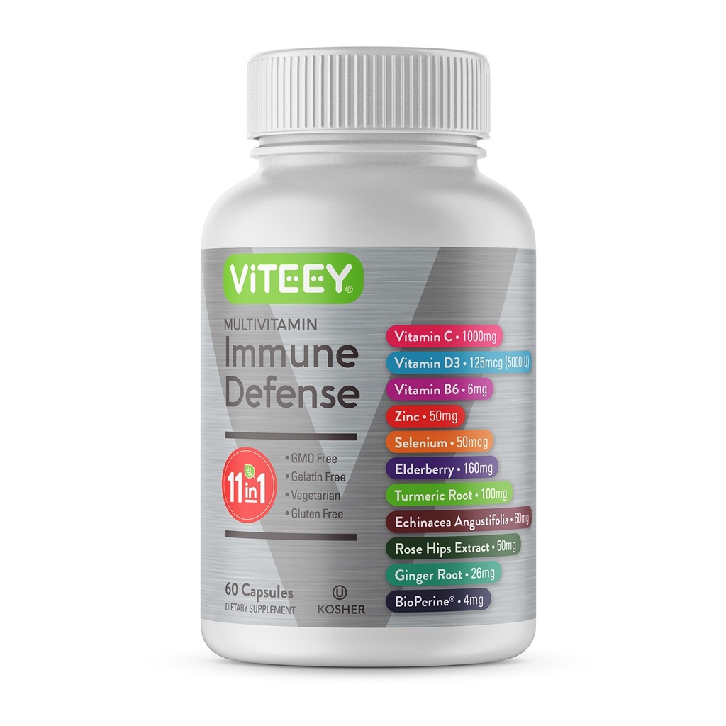Viteey 11 in 1 Immune Support Supplement - Immune Defense with Vitamin D3, B6, Echinacea, Turmeric, Rose-HIPS, Selenium, BioPerine, Ginger, Elderberry Vitamin C and Zinc - 60 Count
