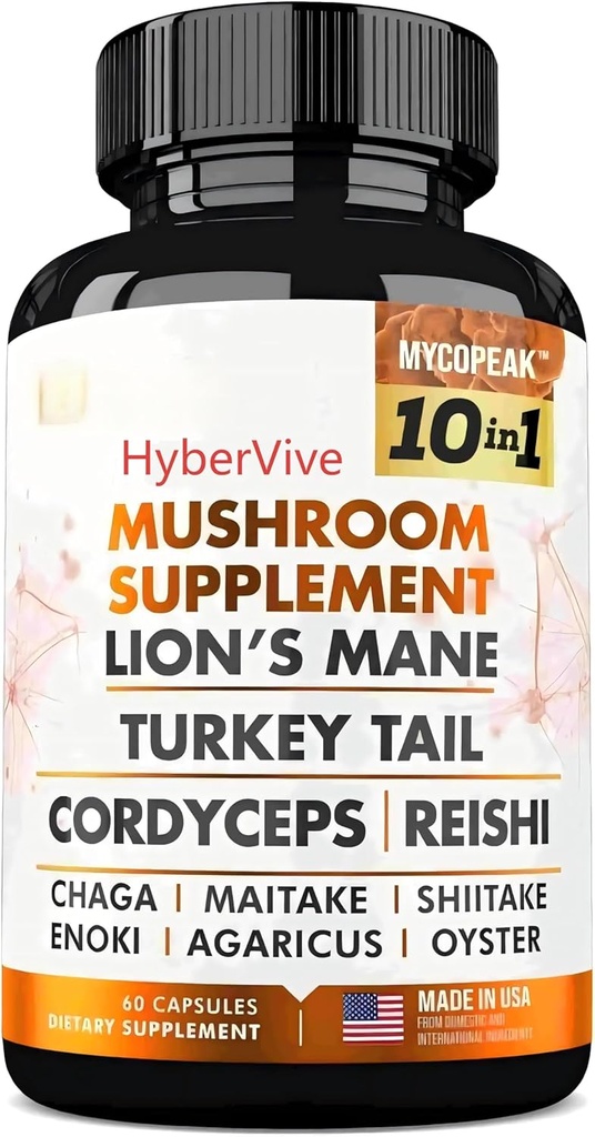 Mushroom Supplement 10x Complex - Lions Mane, Turkey Tail, Cordyceps, Reishi, Chaga, Maitake, Shiitake, Oyster Extract Μανιτάρια - Nootropic Brain Support Supplies for Memory and Focus