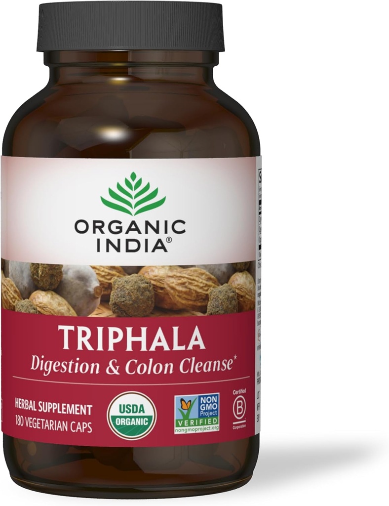 ORGANIC INDIA Triphala Κάψουλες οργανικές - φυτικό συμπλήρωμα με Amla, Bibhitaki, Χαριτάκη, Digestion & Colon Υποστήριξη ανοσοποιητικού συστήματος, Adaptogen, Vegan, USDA Certified Organic - 180 Κάψουλες