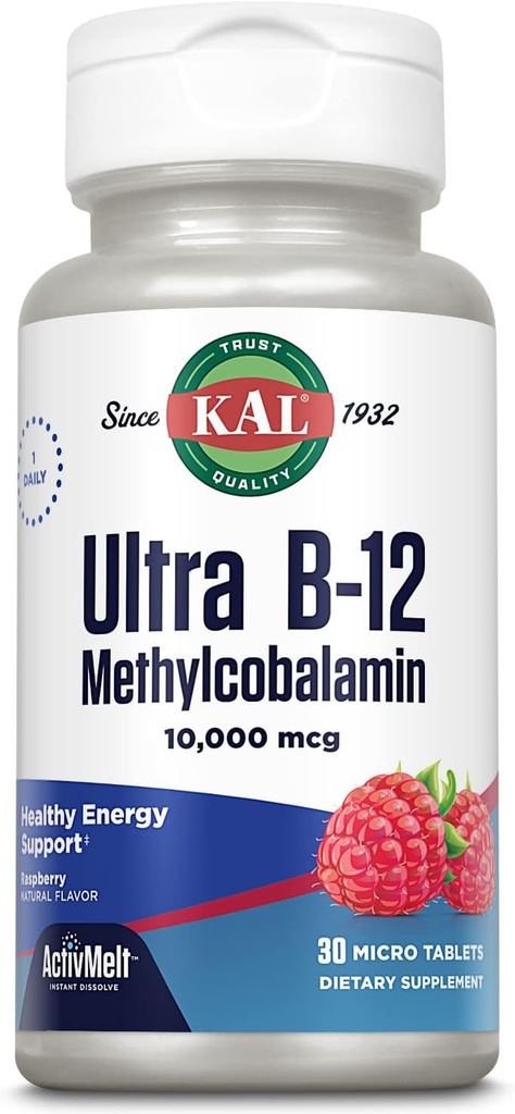 KAL Ultra B12 Methylcobalamin 10.000mcg, Υψηλής Ικανότητας Βιταμίνη B-12 για Υγιεινή Ενέργεια, Μεταβολισμός, Νεύρο, Κόκκινα κύτταρα αίματος Υποστήριξη,* Φυσικό άρωμα βατόμουρο, χορτοφάγους, 30 μικροδισκία, 30 Μερίδες