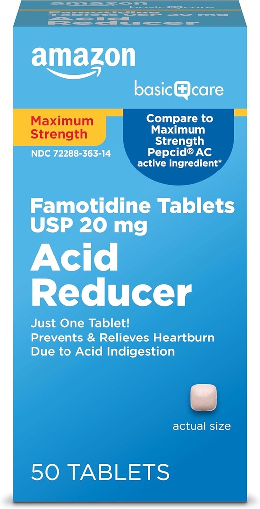  Basic Care Maximum Strength Famotidine Tablets 20 mg, Acid Reducer for Heartburn Relief, 50 Count