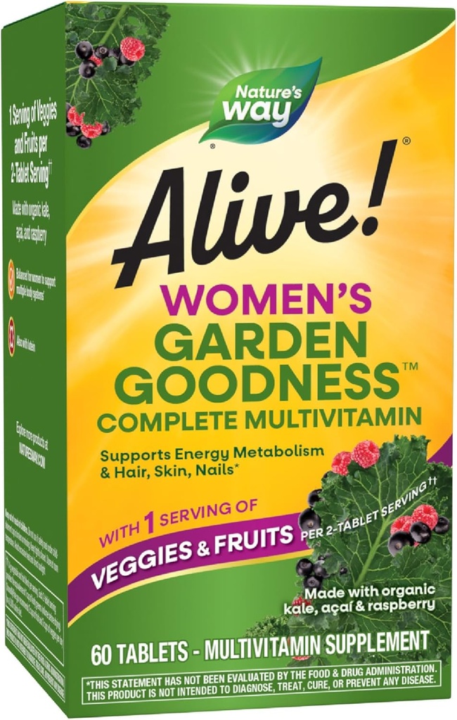 Nature's Way Alive! Garden Goodness Multivitamin for Women, High Potency B-Vitamins to Support Cellular Energy*, 1 Serving Veggies & Fruits**, 60 Tablets