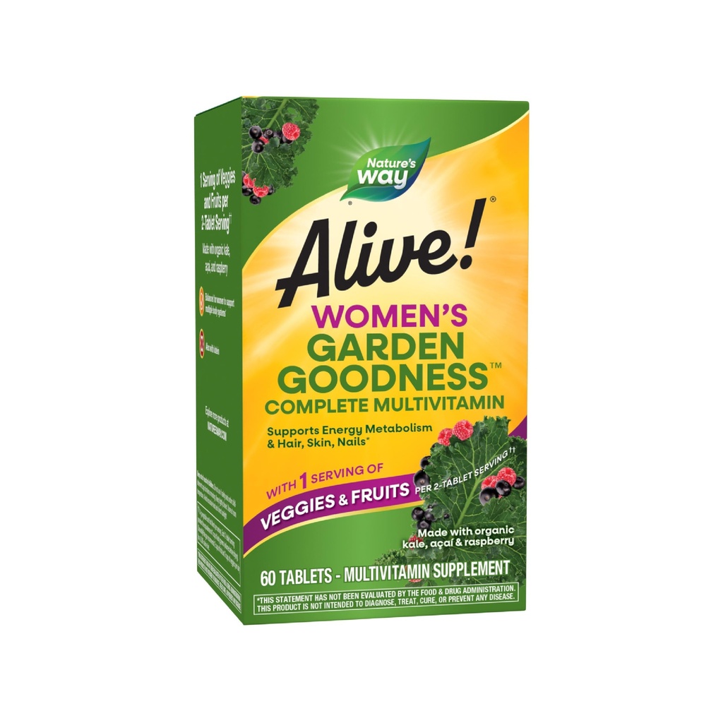 Nature's Way Alive! Women's Garden Goodness Complete Multivitamin, 1 Serving Veggies & Fruits per 2-Tablet Serving, with Organic Kale, Acai, Raspberry, 60 Tablets (Packaging May Vary)