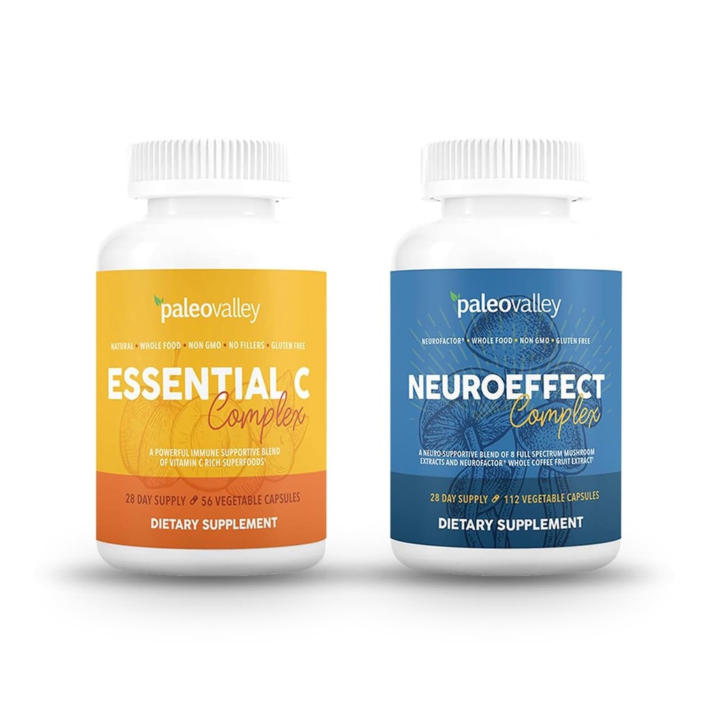 Paleovalley NeuroEffect + Essential C Complex Bundle - Neuro Mushroom Coffee Extract, Συμπλήρωμα βιταμίνης C 450g Focus, Memory, Energy, Immune Support, Organic Superfoods
