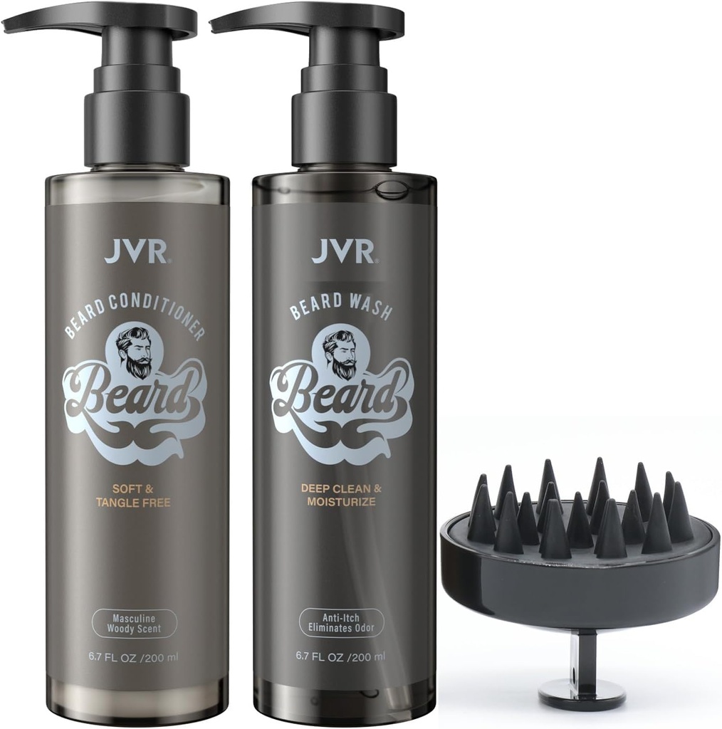 JVR Beard Wash and Beard Conditioner for Men, Beard Shampoo Cleanse and Reduces Frizz, Soften & Strengens, Organic with Coconut, Aloe, Provides Shine for Dry & Coarse Beards, Beard Care (6.7oz)