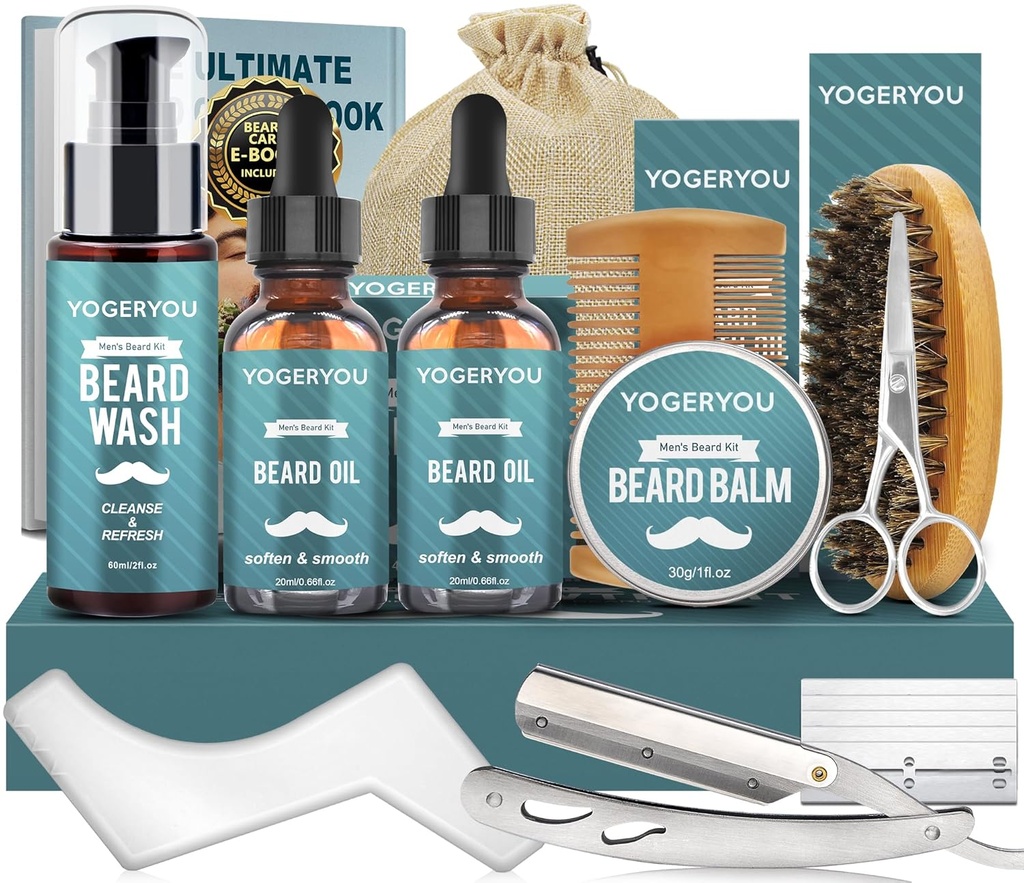 Beard Kit, Beard Grooming Kit για τους άνδρες W / Straight Razor, 2 PACK Beard Oil, Wash, Balm, Brush, Comb, Ψαλίδι Ανδρικά Χριστούγεννα Δώρα για τους άνδρες Boyfriend Σύζυγος Γυμνάζοντας Kit